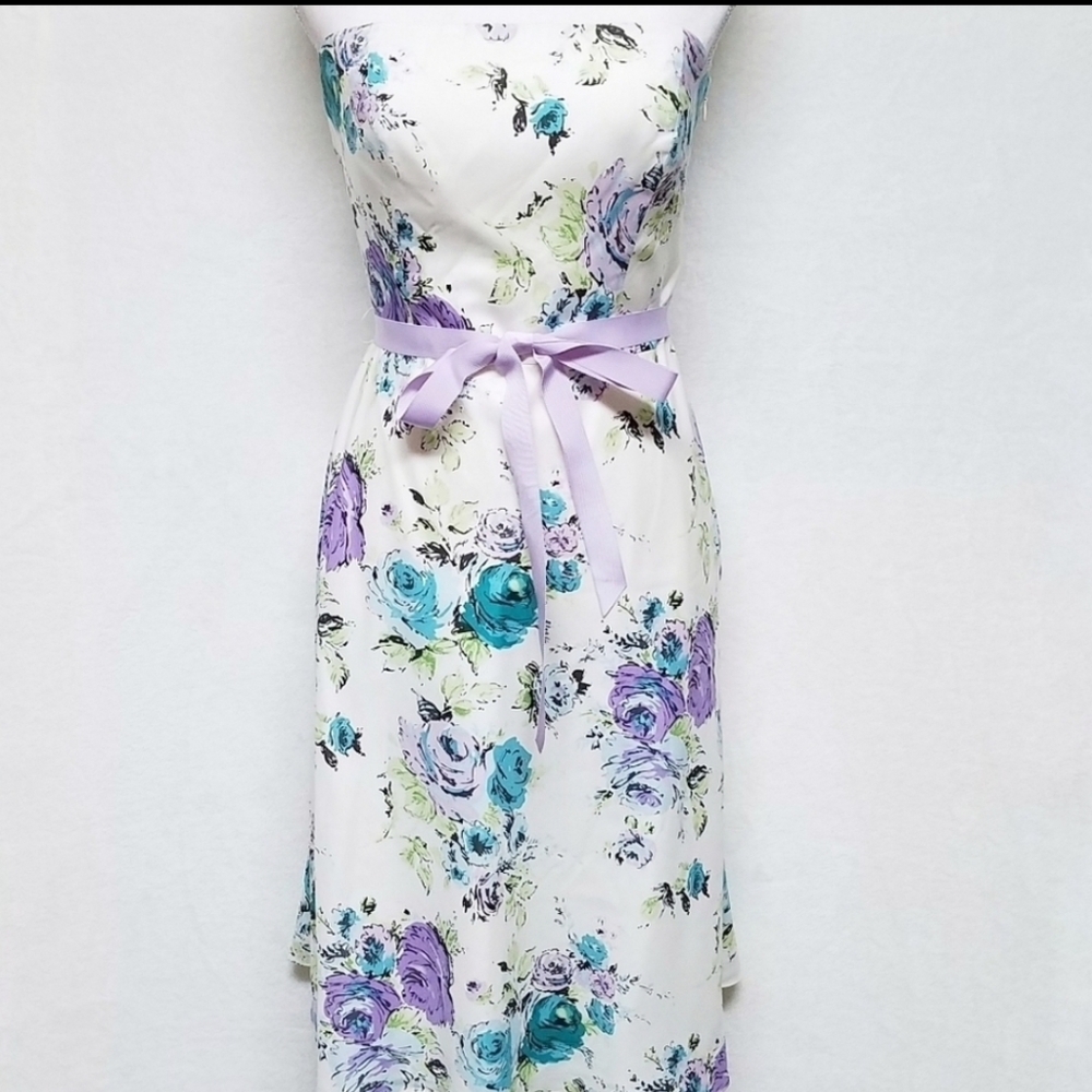 Ann Taylor Silk Lilac Floral Sash Strapless Dress. Silk Column Dress